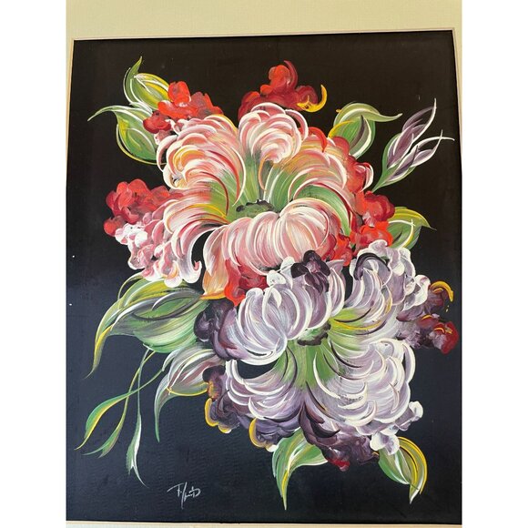 Floral Acrylic Painting On Silk With Beige Matting 14" X 18" Signed By Artist Vi - Picture 8 of 11
